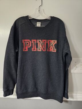 PINK Victoria's Secret Dark Charcoal Crewneck Sweatshirt with Red Logo